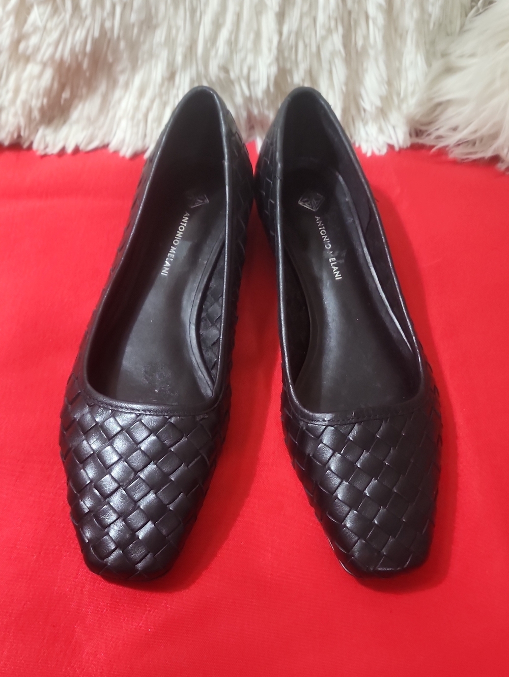 ANTONIO MELANI Black Woven Leather Square-Toe Flats